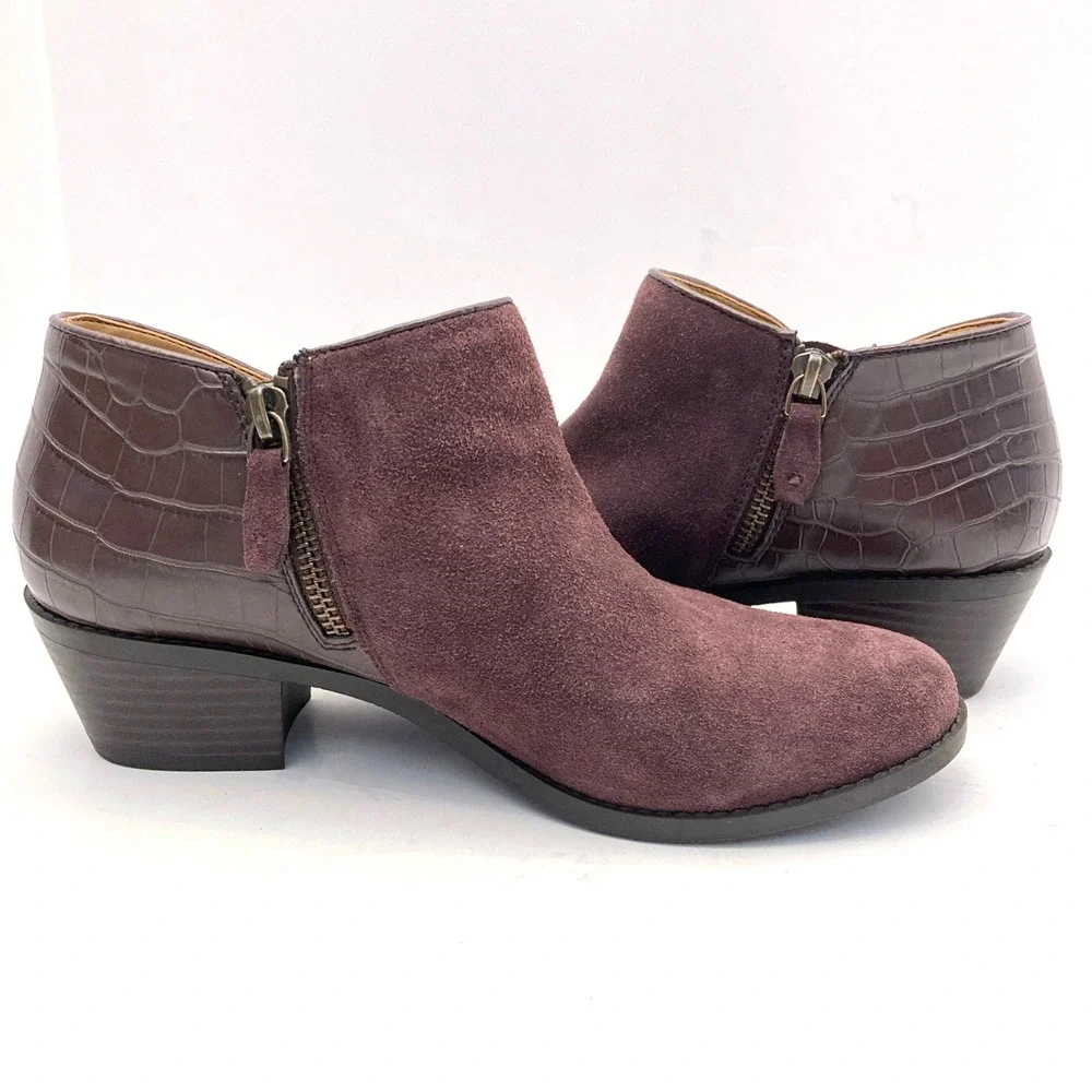 Vionic Boots Womens‎ 7 Marissa Ankle Bootie Purple Suede Leather Croc Side Zip